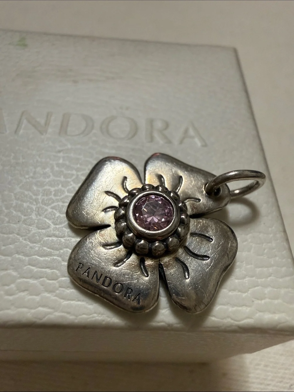 Pandora Sterling Silver 925 Flower Charm Pendant W/Pink Center Crystal W/Box